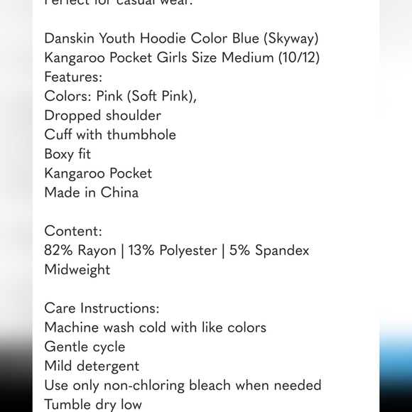 Danskin Youth Hoodie Color Blue Skyway Kangaroo Pocket Girls Nwt - Picture 6 of 6